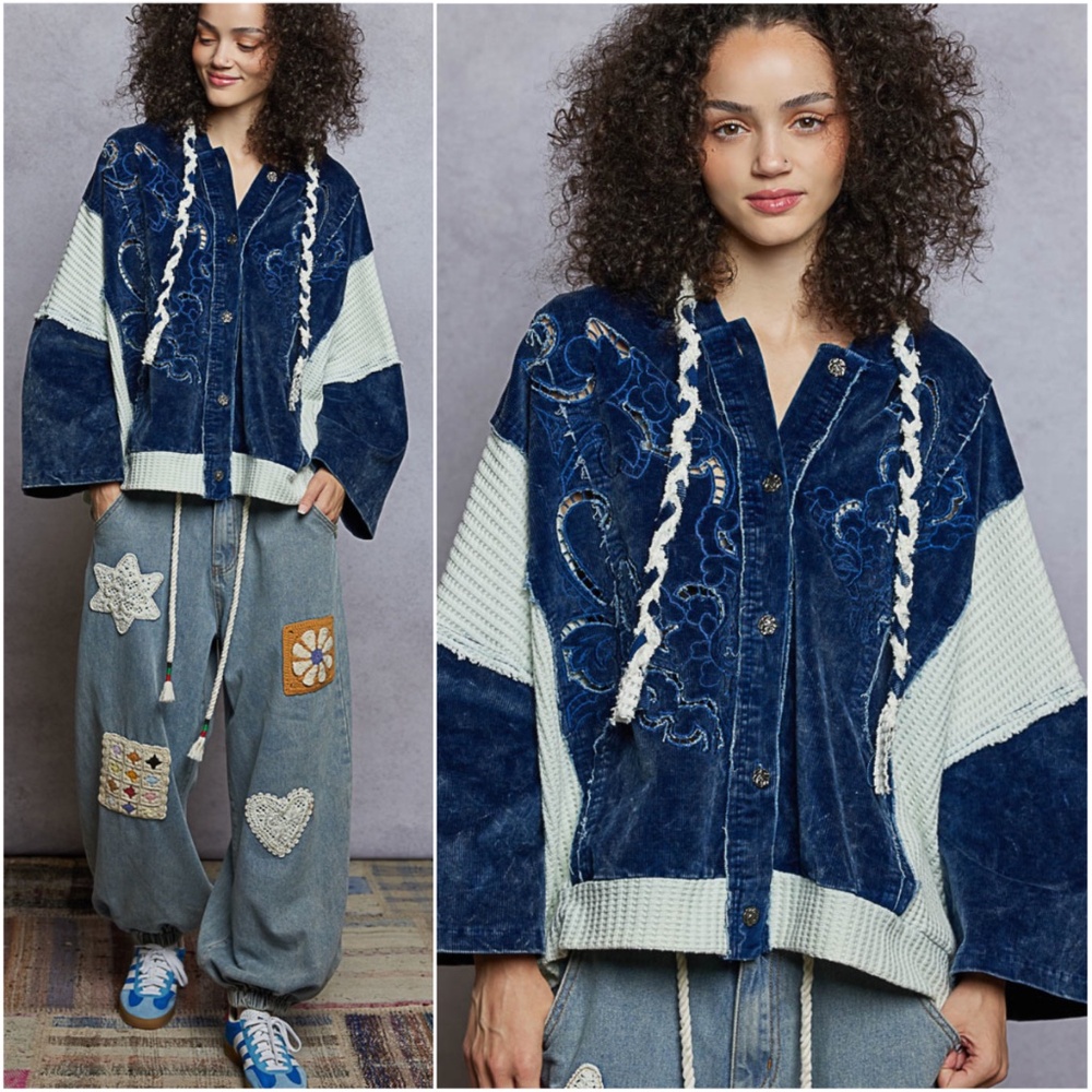 POL Mineral Wash Blue Laser Cut Button Down Loose Fit Hoodie Top